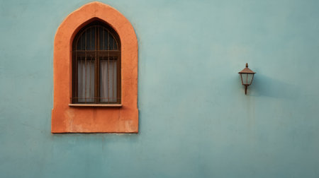 a small window overlooking the street near the old building in korinthus. the window is adorned in a traditional mexican style, with a combination of light orange and teal colors. the post-minimalist design features a captivating composition, complemented by the light teal and bronze accents. this photo, found on flickr, showcases spectacular backdrops and an eye-catching aesthetic. ai generatedの素材
