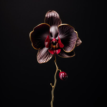 an orchid with red berries is captured in this photo, set against a striking black background. the composition is reminiscent of bronze casting, showcasing a blend of magenta and bronze tones. the hyperrealistic details of the orchid and berries resemble delicate porcelain, while the dark gold and red hues add depth and richness. this captivating image was captured using a fujifilm x-t4 camera. ai generatedの素材