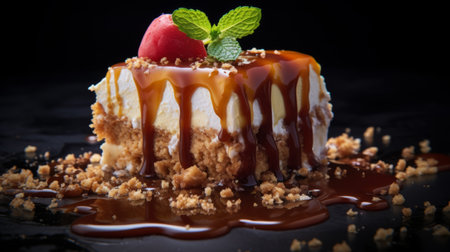 a multilayered dessert featuring caramel sauce and mint, captured in stunning 32k uhd resolution by the talented photographer caras ionut. this delectable treat is beautifully presented, showcasing its intricate textures and flavors. a masterpiece of culinary art, this image is sure to leave you craving for a taste. ai generatedの素材