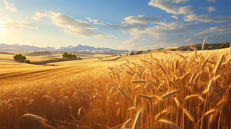 tall wheat clings around the edge, creating a realistic landscape with soft edges. the golden palette and mountainous vistas add to the beauty of this scene. captured using cryengine, this image showcases the iconic americana iconography. discover this stunning artwork on furaffinity. ai generatedの素材