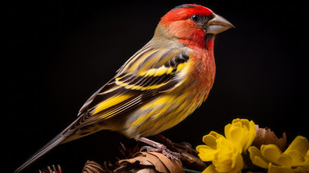 a stunning full body portrait of an award-winning finch captured in hyperrealistic detail. this ultra wide shot showcases the intricate feathers and lifelike taxidermy of the bird. the focus on the eye adds depth and realism to the image. shot with a canon 300mm f/2.8 lens, this studio-lit photograph is of exceptional quality, perfect for high-resolution printing at 300dpi cmyk. ai generatedの素材
