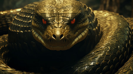 a large snake, with a strong facial expression, faces the camera in the dark. the snake is depicted in the style of light gold and crimson, giving it a dynamic and action-packed appearance. this stunning image, rendered in cinema4d and maya, captures the essence of angura kei and junglecore aesthetics. ai generatedの素材