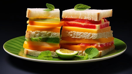 five layers of fruit slices, including light green and orange, are skillfully arranged on a plate. this high-resolution image, captured with a konica big mini camera, showcases the bold lines and contrasts of the arrangement. made of cheese, the vibrant colors and expert lighting make this photo a visually striking composition. ai generatedの素材