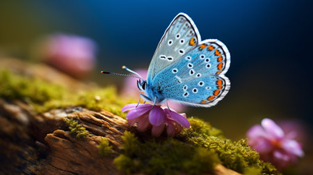 a butterfly perched on moss in a forest, showcasing vibrant shades of light azure and pink. this classic still-life photograph captures the intricate details of the butterfly and the moss. the image features accurate and detailed elements, with blue and azure hues creating vibrant color gradients. the style of the photo is reminiscent of wimmelbilder, enhanced by the use of vray technology. ai generatedの素材