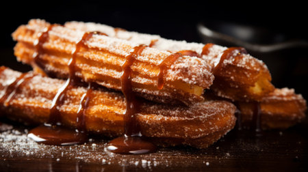 a photo of a cake made of churros, featuring dark amber tones, sensitive brush strokes, intense lighting, and texture-rich surfaces. the high dynamic range adds drama to the image, while restored and repurposed elements create an intriguing composition. the exaggerated features make this churro cake a visually striking and unique creation. ai generatedの素材