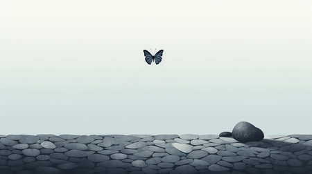 a minimalist poster featuring a butterfly gracefully soaring amidst rocks. the artwork showcases a realistic perspective with a light black and dark aquamarine color scheme. the image, found on flickr, incorporates soft shading and a simplistic cartoon-like style, while maintaining classical balance. ai generatedの素材