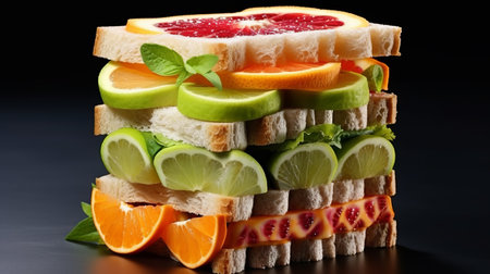 a slice of toast is adorned with a vibrant assortment of fruit, creating a visually striking image. the luminous color palette enhances the appeal of the various fruits, which are stacked in piles, combining natural and man-made elements. the smooth and polished appearance of the fruits adds to the multi-layered composition, while the high dynamic range highlights the contrasting white and orange tones. ai generatedの素材