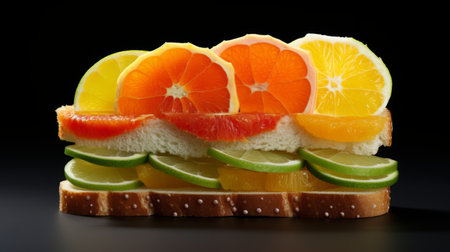 a stack of sliced fruit, cut into bread, showcases a vibrant and acidic color palette. the symmetrical arrangement creates a visually pleasing composition against the black background. the opacity and translucency of the fruit slices add depth and dimension to the image. this photograph, reminiscent of lisette model's style, exudes a smooth and polished aesthetic with its striking combination of orange and green hues. aiの素材