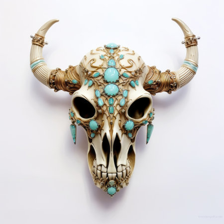 a bull skull adorned with a turquoise bead, showcasing intricate fantasy art. this detailed piece features a captivating blend of light gold and light azure hues. created using mixed media installations, it incorporates precious materials and exhibits exquisite craftsmanship. this 8k artwork embodies the unique aesthetic of sanriocore. ai generatedの素材