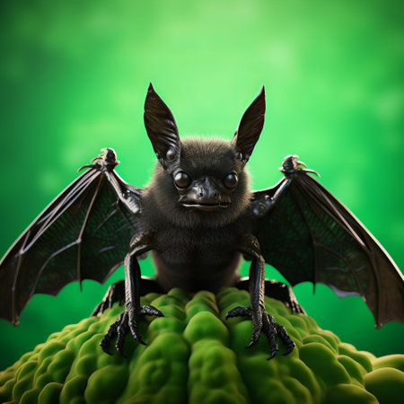 a bat perched on top of vibrant green foliage, captured in a photorealistic surrealism style. this artwork showcases the use of zbrush software and combines elements of humorous animal scenes with a touch of darkness. the scene features animal figurines in a playful yet intriguing manner, reminiscent of balinese art. the image is enhanced with cross processing techniques. ai generatedの素材