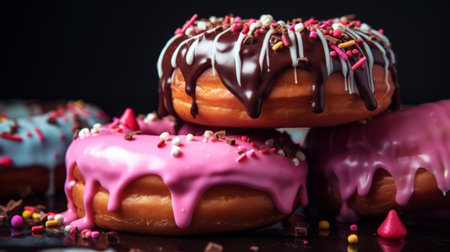 chocolate, vanilla, and pink glazed doughnuts are captured in this vibrant and hyper-detailed image. the bold lines and vibrant color choices make these doughnuts truly stand out. this uhd image, taken with the sigma 105mm f1.4 dg hsm art lens, showcases the realistic and mouthwatering details of these delectable treats. ai generatedの素材
