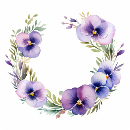 pansy wreath with pressed lavender flowers in a watercolor style, featuring minimal vibrant colors. this stunning 8k resolution image showcases the wreath placed on a white isolated background, creating a visually captivating and vibrant composition. ai generatedの素材