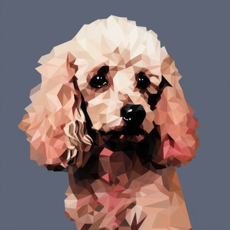 a small dog is depicted in a polygonal fashion, resembling a portrait painter's style. the dog is light red and dark gray, with a poodlepunk aesthetic. the image showcases colorful geometric shapes with minimal retouching. the background consists of dark blue and light beige tones, emphasizing the dog's strong facial expression. ai generatedの素材