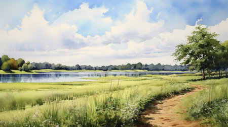 a serene summer day captured in a watercolor painting, showcasing a picturesque park, tranquil lake, lush field, and meandering river. this dune painting beautifully portrays the essence of a peaceful outdoor scene, inviting viewers to immerse themselves in the beauty of nature. ai generatedの素材