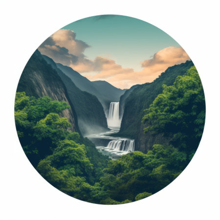 annapurna iv landscape featuring a stunning waterfall and lush trees in the foreground. the image is enclosed within a circular border, resembling a logo. the transparent background and absence of text make it versatile for various applications. ai generatedの素材