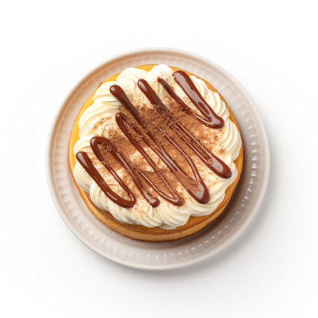 a plate of mouthwatering cheesecake is showcased in this highly detailed, 4k, 8k, uhd, hyper detailed top view photo. with a white background, this image is ideal for professional advertising posts and food photography. indulge in the delectable sweetness of this dessert and capture the attention of churros lovers everywhere. ai generatedの素材