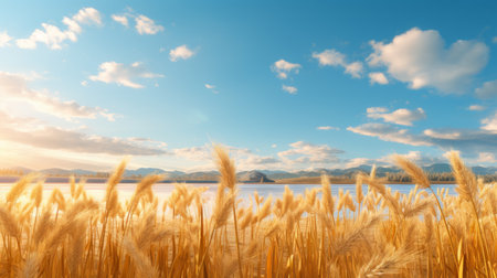 a stunning photograph captures a golden wheat field stretching under a vibrant blue sky adorned with fluffy clouds. this picturesque scene, reminiscent of delicately rendered landscapes and romantic riverscapes, showcases the beauty of rural china and coastal scenery. the use of octane render brings out hyper-realistic details, creating a breathtaking image with spectacular backdrops and mesmerizingly realistic water. ai generatedの素材