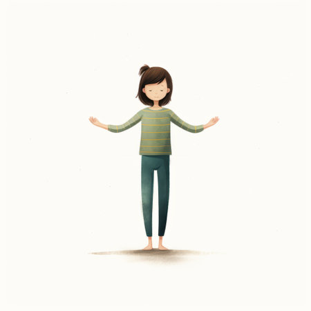 a 5-year-old girl named sarah is captured in a photograph, striking a yoga tadasana pose. the image features a white background and showcases the character created by alessandro gottardo. ai generatedの素材