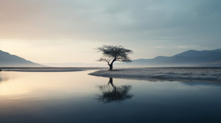 a serene and ethereal image of a small lone tree floating in a calm lake, set against the backdrop of a moody monotone desert. this ghostly presence exudes a sense of serenity and calm, capturing the subtle beauty of nature. this uhd 32k photograph, reminiscent of national geographic's style, showcases the mesmerizing allure of the desert landscape. ai generatedの素材