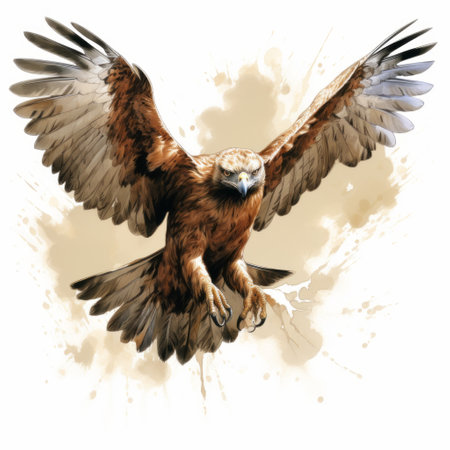 a hawk soars through the air, captured in a dynamic pose against a clean white backdrop. this stunning image showcases the artistic style reminiscent of comic book artist travis charest, with bold lines and vibrant colors. witness the power and grace of this majestic bird as it takes flight. ai generatedの素材