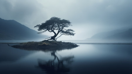 a serene and ethereal image of a small lone tree floating in a calm lake, captured in moody monotones. this ghostly presence in the mote kei style exudes a sense of serenity and calm. the subtle details and uhd 32k resolution make it a captivating national geographic-worthy photo. ai generatedの素材