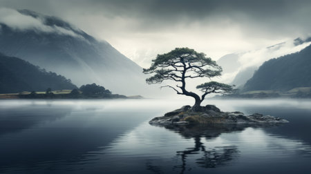 a serene and ethereal national geographic photo captures the moody monotones of a majestic mountain landscape. in this mesmerizing image, a small lone tree gracefully floats in a calm lake, creating a ghostly presence. the subtle and calming tones of this uhd 32k photograph evoke a sense of serenity, making it a truly captivating and breathtaking sight. ai generatedの素材