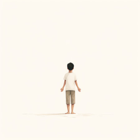 a 5-year-old boy named daniel is captured in a photograph, striking a yoga tadasana pose. the image features a white background and showcases the character created by alessandro gottardo. ai generatedの素材