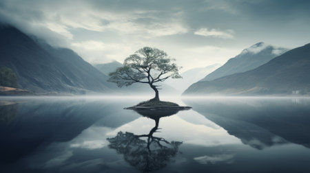 a serene and ethereal national geographic photo captures the moody monotones of a majestic mountain landscape. in this mesmerizing image, a small lone tree floats gracefully in a calm lake, creating a ghostly presence. the subtle and calming tones of this uhd 32k photograph evoke a sense of serenity, making it a captivating mote kei masterpiece. ai generatedの素材