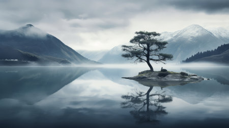 a serene and ethereal national geographic photo captures the moody monotones of a majestic mountain landscape. in this mesmerizing image, a small lone tree appears to float in a calm lake, creating a ghostly presence. the subtle and calming tones of this uhd 32k photograph evoke a sense of serenity and tranquility. ai generatedの素材