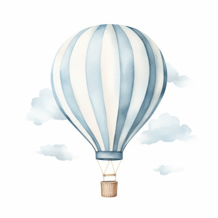the tray print showcases a serene and elegant hot air balloon in a light blue striped pattern, rendered in a minimalist watercolor style. this charming design captures the beauty and tranquility of hot air ballooning, making it a perfect addition to any home decor. ai generatedの素材