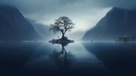 a serene and ethereal national geographic photo captures the moody monotones of a majestic mountain landscape. in this mesmerizing image, a small lone tree floats gracefully in a calm lake, creating a ghostly presence. the subtle and calming tones of this uhd 32k photograph evoke a sense of serenity and tranquility, reminiscent of the mote kei style. ai generatedの素材