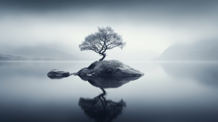 a serene and ethereal image captures a small lone tree gracefully floating in a calm lake, surrounded by majestic rocks. the moody monotones and ghostly presence add a subtle yet captivating touch to this uhd 32k photograph, reminiscent of national geographic's stunning nature shots. ai generatedの素材