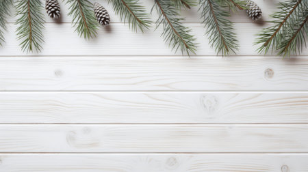 flat lay composition featuring pine branches on a rustic white wood floor background. this elegant and soft-toned photograph offers ample copy space and is captured in high resolution (8k) with studio lighting, making it perfect for various photography projects. ai generatedの素材
