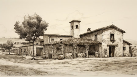 a hand-drawn sketch of a classic deconstructivist architecture from the mid-1800s in wine country italy. ai generatedの素材
