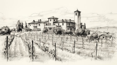 hand-drawn sketch of classic expressionist architecture, showcasing the unique architectural style prevalent in wine country italy during the mid-1800s. this detailed sketch captures the intricate details and artistic elements of the buildings, reflecting the essence of the expressionist movement. italy, wine country, sketch, architecture, expressionist, mid-1800s. ai generatedの素材