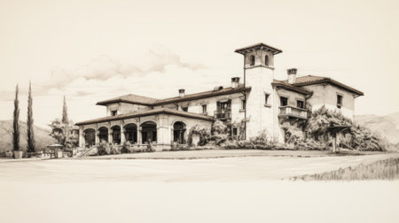 hand-drawn sketch of a classic expressionist architecture from mid-1800s wine country italy. ai generatedの素材