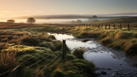 swamp photo with stone fence on english moors, captured in the early morning. high quality image showcasing the serene beauty of the swamp and the well-constructed stone fence. ai generatedの素材