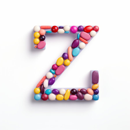 the letter z is formed by arranging colorful and whimsical pills on a clean white background. each pill showcases intricate shapes and vibrant colors, adding a playful touch to the overall composition. ai generatedの素材