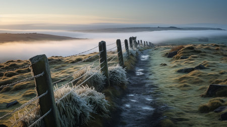 glacier photo with stone fence on english moors in the morning. high quality image capturing the serene beauty of a glacier surrounded by a meticulously lined stone fence on the picturesque english moors. ai generatedの素材