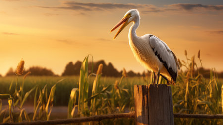 stork perched on a farm fence post, overlooking a vibrant cornfield backdrop. the content bird poses cheerfully, radiating joy in this warm-toned photograph. ai generatedの素材