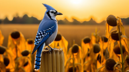 blue jay perched on a farm fence post, surrounded by a vibrant cornfield backdrop. the joyful bird poses for the camera, radiating happiness and captured in warm tones photography. ai generatedの素材