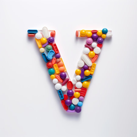the letter v is formed by a creative arrangement of vibrant pills on a clean white backdrop. each pill showcases unique shapes and an array of captivating colors, adding a whimsical touch to the composition. ai generatedの素材