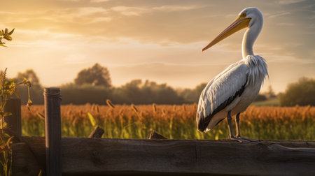 stork perched on a farm fence post, overlooking a vibrant cornfield backdrop. the contented bird poses for the camera, radiating joy and captured in a photograph with warm tones. ai generatedの素材