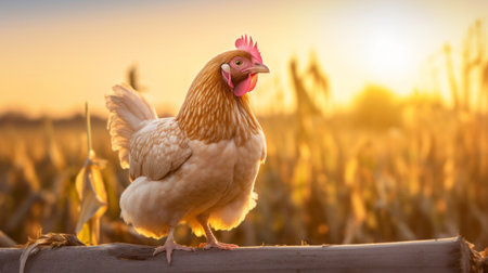a content chicken perched on a farm fence post, surrounded by a vibrant cornfield backdrop. the cheerful poultry poses for the camera, radiating pure joy and exuding warmth in this beautifully captured photograph. ai generatedの素材