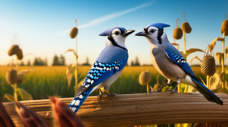 blue jay perched on a farm fence post, overlooking a vibrant cornfield backdrop. the cheerful bird poses for the camera, radiating pure joy. this heartwarming photograph captures the essence of happiness in warm tones, showcasing the beauty of nature and wildlife. ai generatedの素材