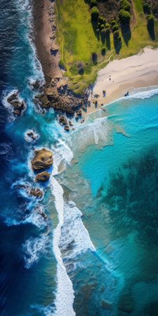 aerial view of a stunning beach captured in a meadow photography. this mesmerizing wallpaper showcases the talent of photographers peter yan, jay daley, and dustin lefevre. the hdr technique enhances the photorealistic details, making it an award-winning 8k image. ai generatedの素材