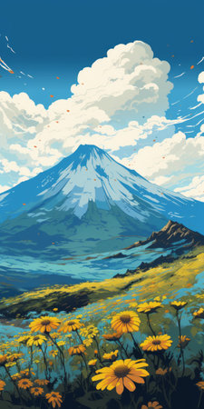 a breathtaking image of a volcano surrounded by vibrant yellow flowers and majestic mountains, created in the style of becky cloonan. the color palette of sky-blue and beige adds a serene and tranquil atmosphere to the hyper-detailed landscape, reminiscent of alexandre calame's work. this image captures a transcendent quality, drawing inspiration from the artistic vision of paul catherall. ai generatedの素材