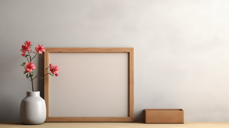 blank wooden frame with geranium - a stunning shot capturing a blank wooden frame standing on a gray wall, adorned with a single geranium in the foreground. the natural light enhances the beauty of this accessory, creating a captivating visual composition. ai generatedの素材