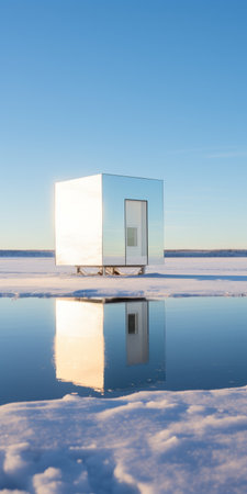 a unique tiny home cube form with minimalist architecture, featuring white silver reflective metal panels. this portable home is located in the plain of snow beside a lake, offering stunning views of bright blue skies and an open horizon. its cool parametric design adds a touch of modernity to the serene surroundings. ai generatedの素材