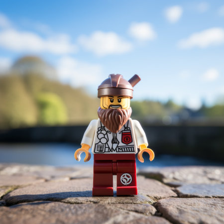 lego minifigure wearing a scottish folkdrakt stands against a white background. the photo is taken during the daytime with top light, using a sony sdlr camera with a 50mm lens at f/2.8. the resolution is 2k. ai generatedの素材